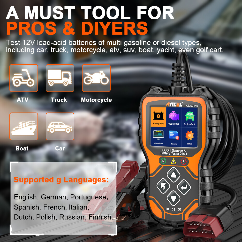 ANCEL AS200 Pro Car OBD2 Diagnostic Scanner Code Reader 12/24V Battery Tester
