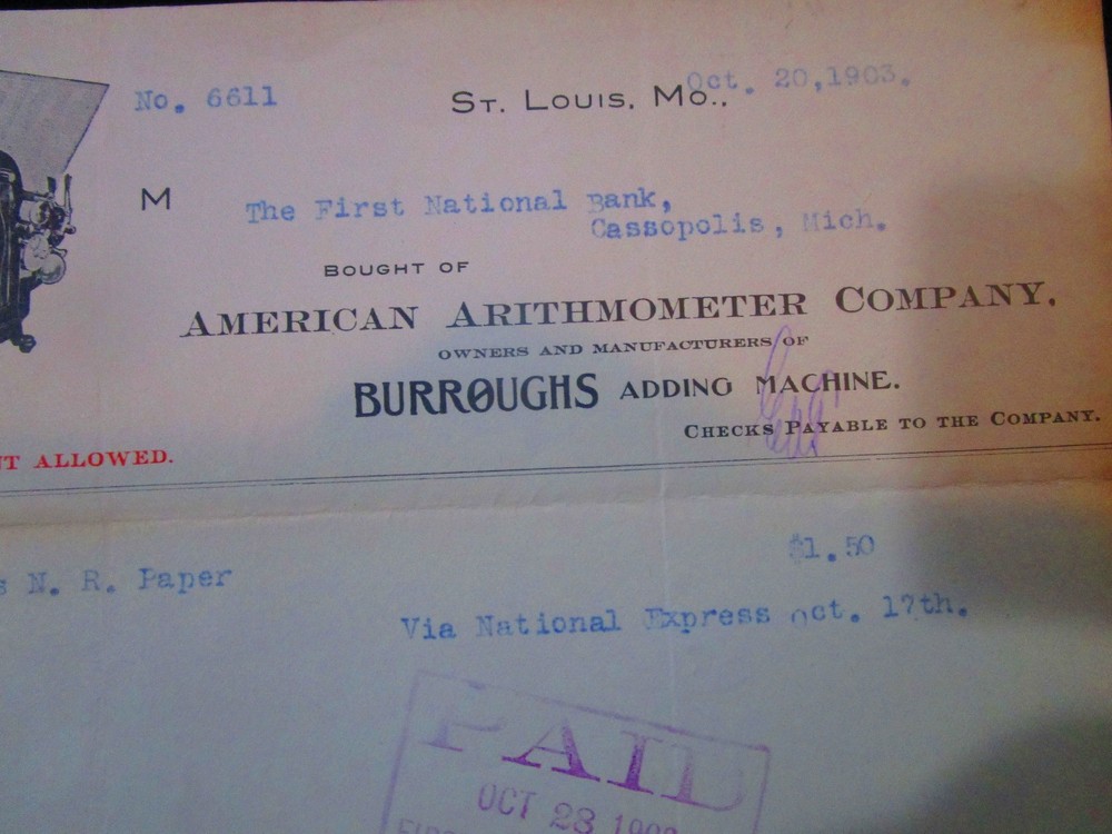 Original BURROUGHS Adding Machine Billhead 1903 AMERICAN ARITHMOMETER CO. Vtg