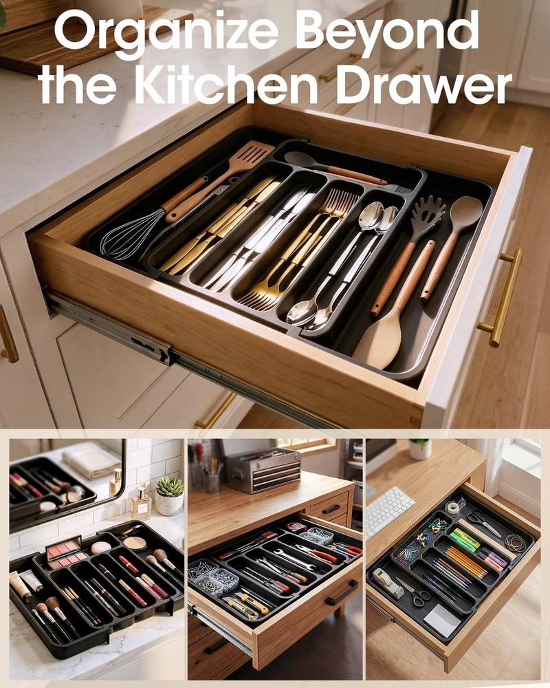 Aujen Silverware Organizer - Expandable Kitchen Drawer Medium, Black