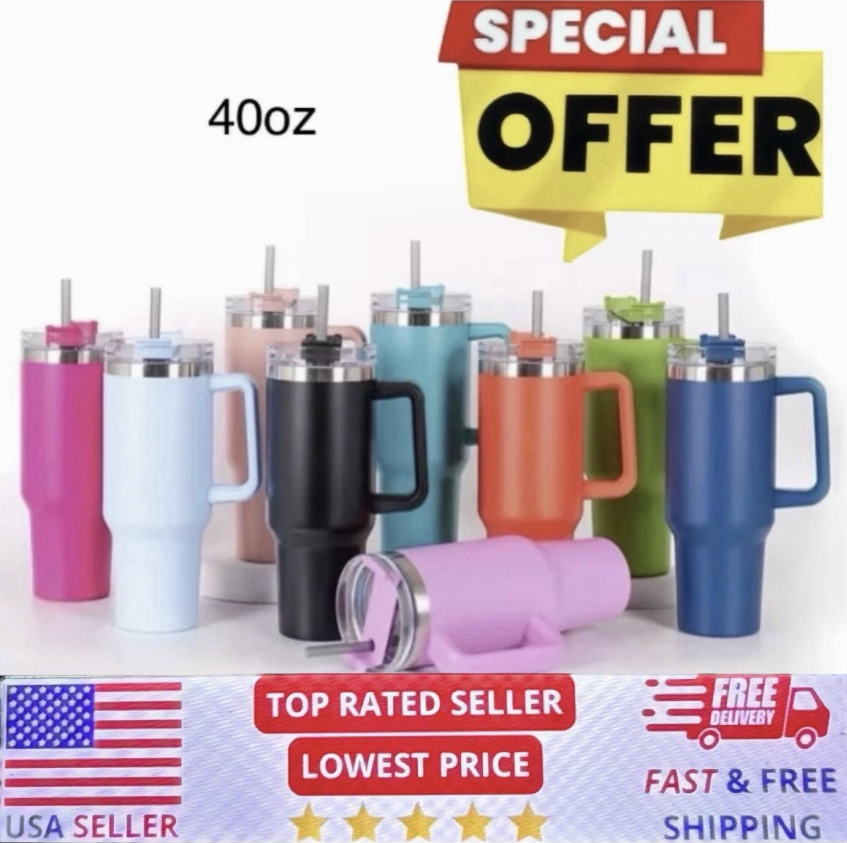 40oz Tumbler Cup with Handle & Straw -Stainless Steel Vacuum Insulated Mug/US