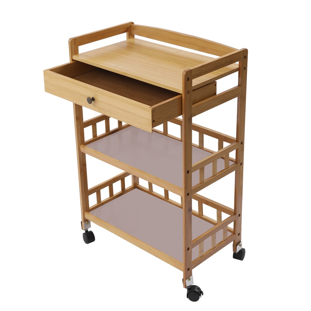 Rolling Bamboo Kitchen Cart Multi Purpose Serving Cart Storage 3 Tiers Standing