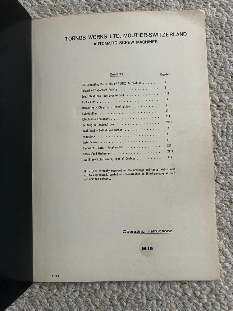 Tornos M-15 High Speed Automatic Lathe Manual