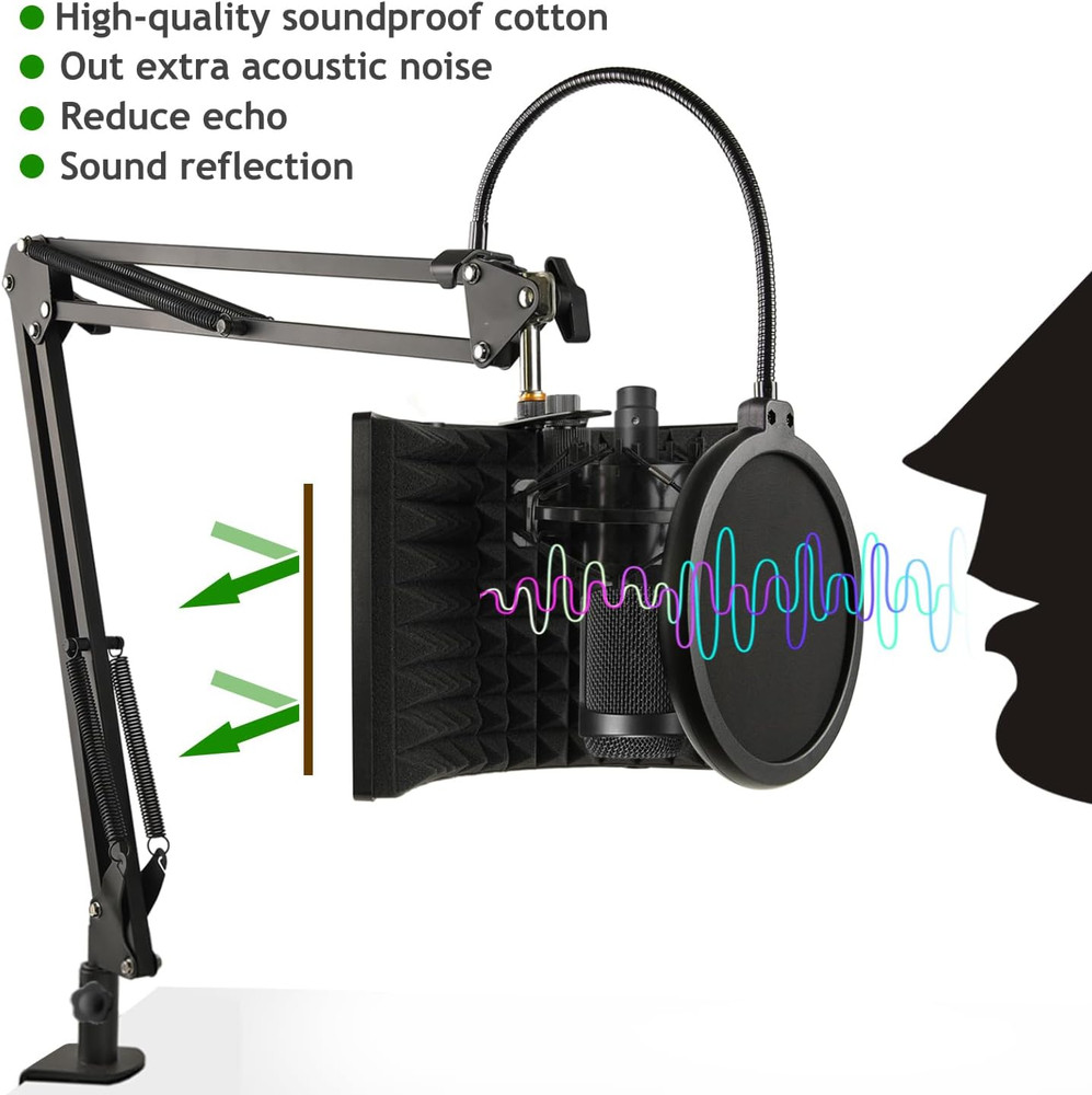Microphone Isolation Shield with Mic Stand and Pop Filter, Foldable Sound Shield