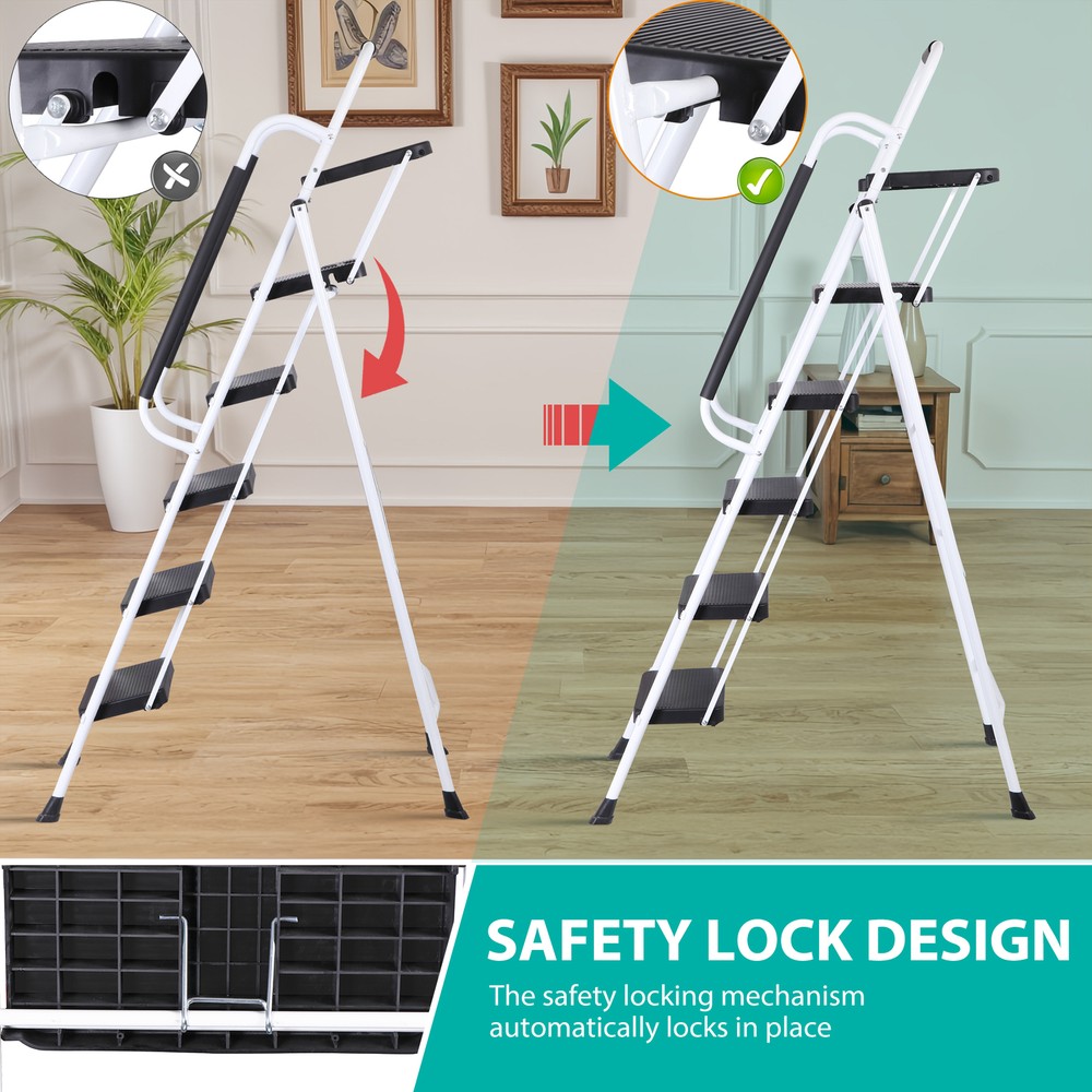 Folding 5 Step Ladder Sturdy Step Stool w/ Multi-Functional Tool Tray Household