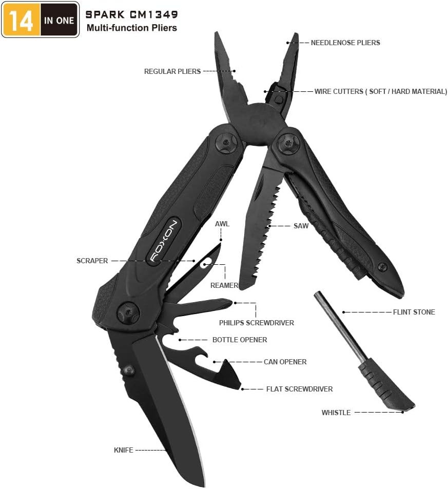 Roxon CM1349 SPARK Multitool Plier, 14-in-1 Multitools Folding Plier, Multipu...