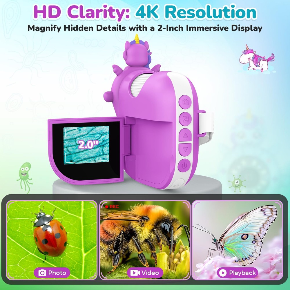 Digital Microscope for Kids Handheld Miniscope - 4K 2.0" Screen Violet