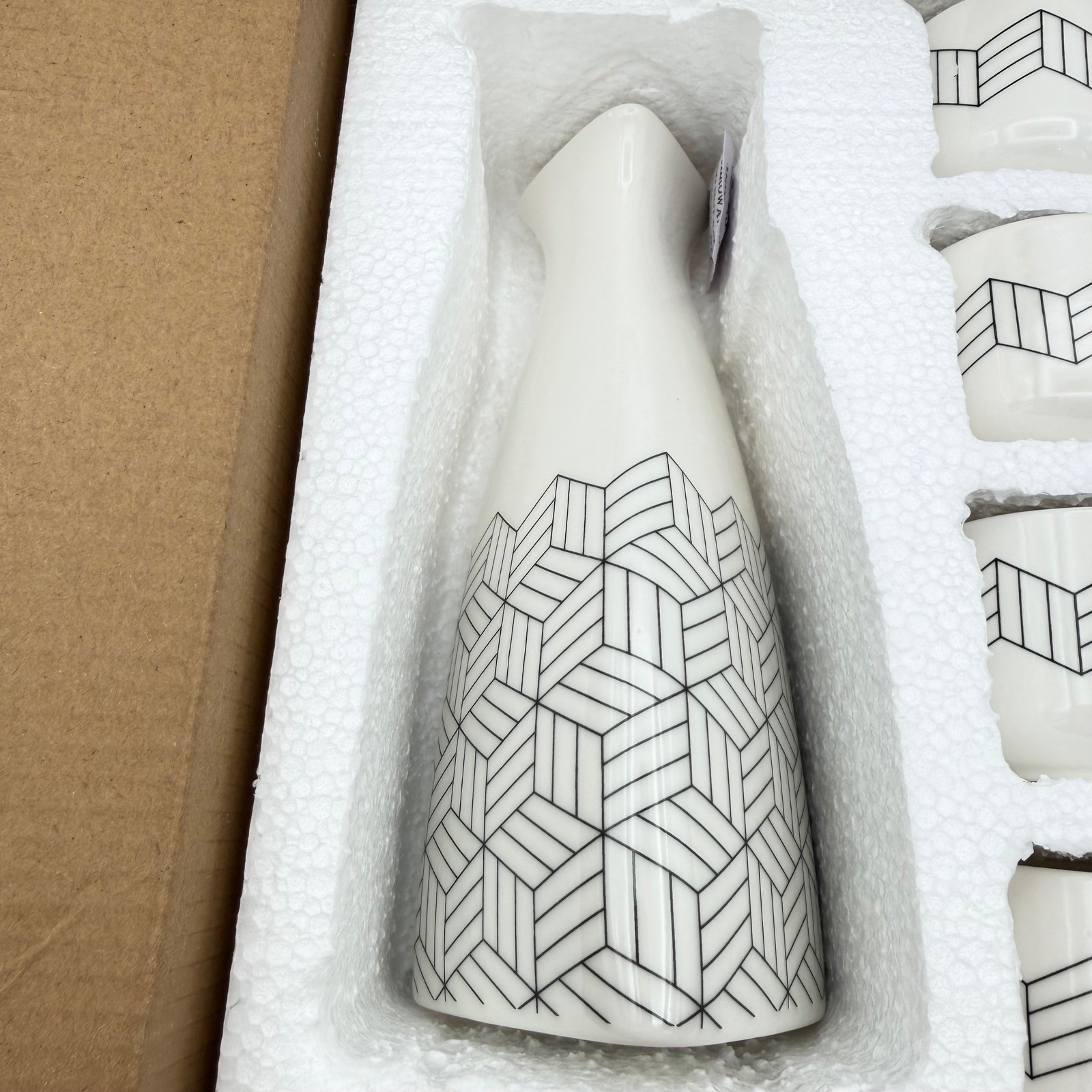 Short Stories Sake Set Carafe & 4 Cups Ceramic 14oz Modern Geometric