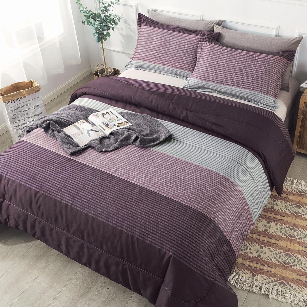 Full Size Comforter Set,3 Pieces Black White Gray Patchwork Striped