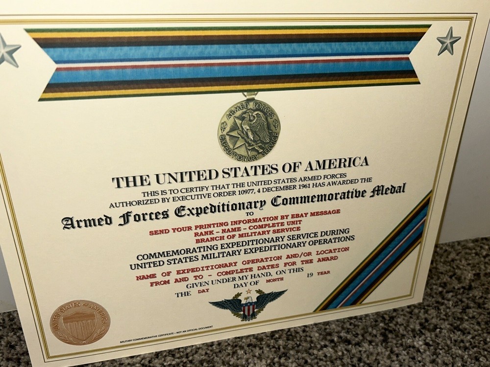 ARMED FORCES EXPEDITIONARY MEDAL COMMEMORATIVE CERTIFICATE ~ W/PRINTING TYPE-1