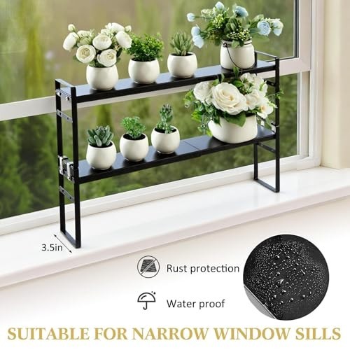 Expandable Window Sill Plant Shelf Set - Stackable Adjustable Metal Shelves for
