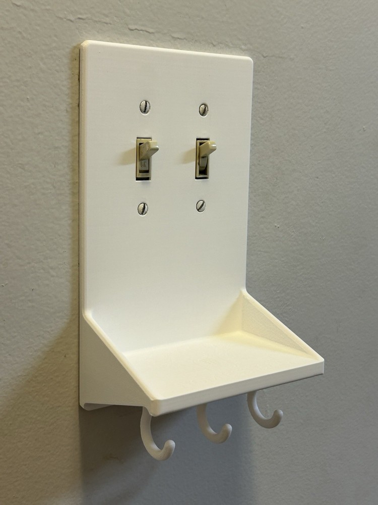 3D Printed Light Switch Plate w/ Shelf & Hooks – ABS Storage Organizer, White