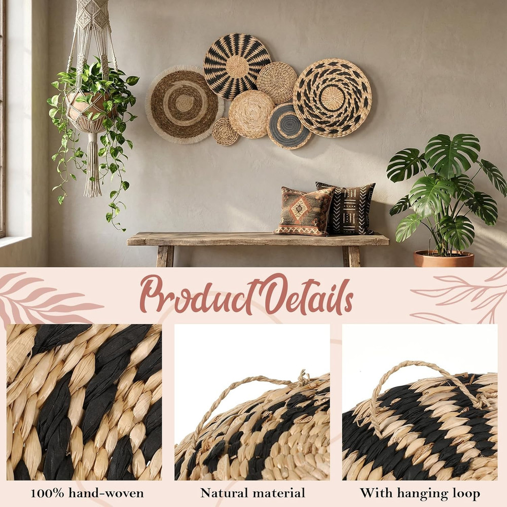 7 Pcs Boho Woven Wall Baskets - Rustic Farmhouse Decor for Home & Kitchen