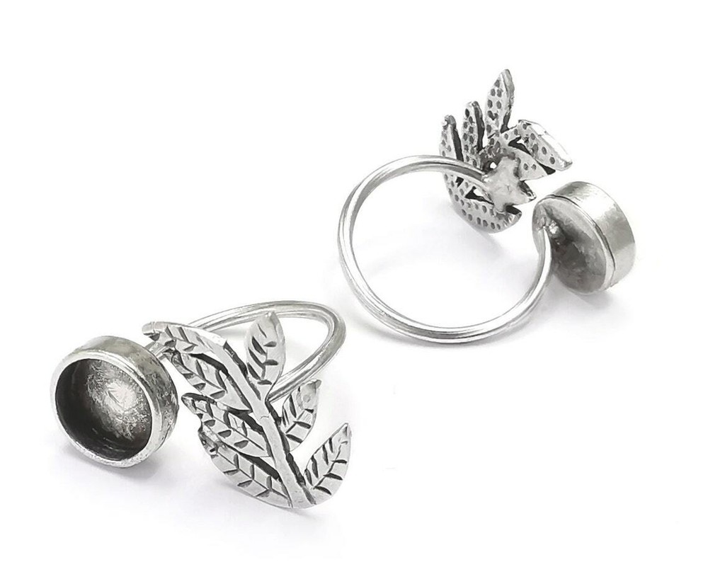 Leaf Branch Silver Ring Setting Blank Cabochon Mounting Adjustable Brass G26866