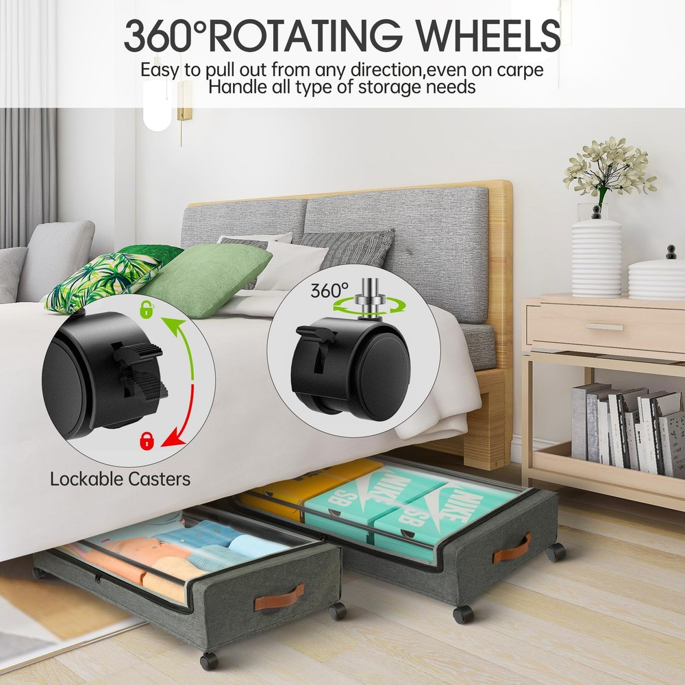 Under Bed Storage with Wheels, 2Pack Under Bed Storage Containers, Underbed S...