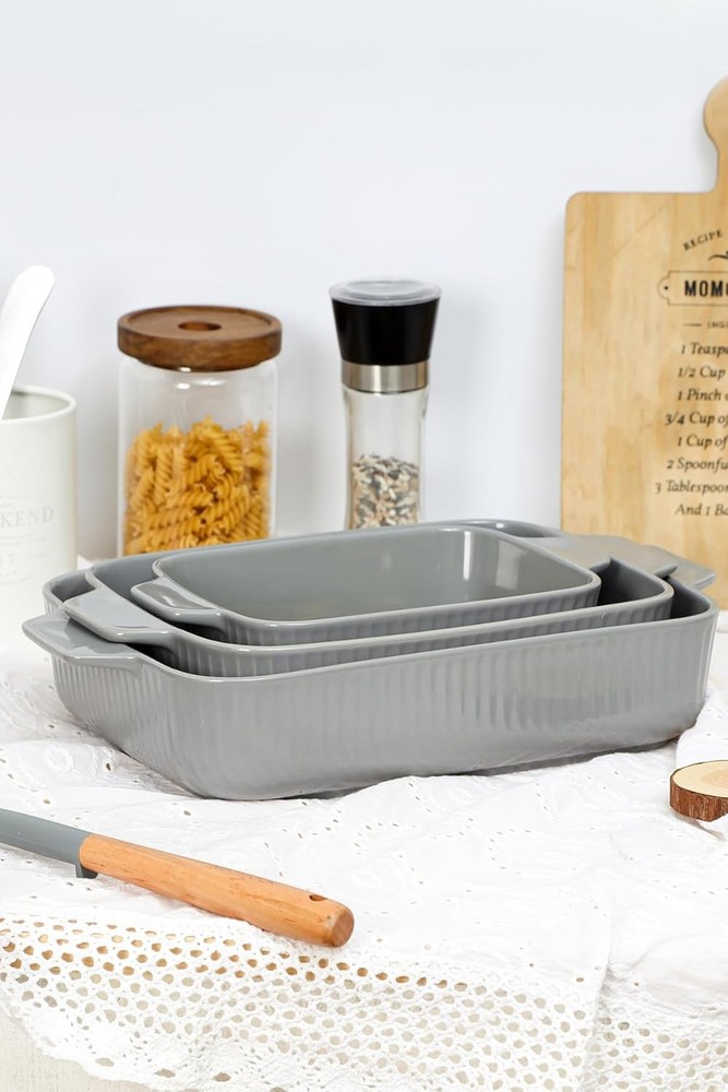 Ceramic Baking Pan Set: 3 Piece Baking Pan Set with Handles Dishwasher Safe Gray