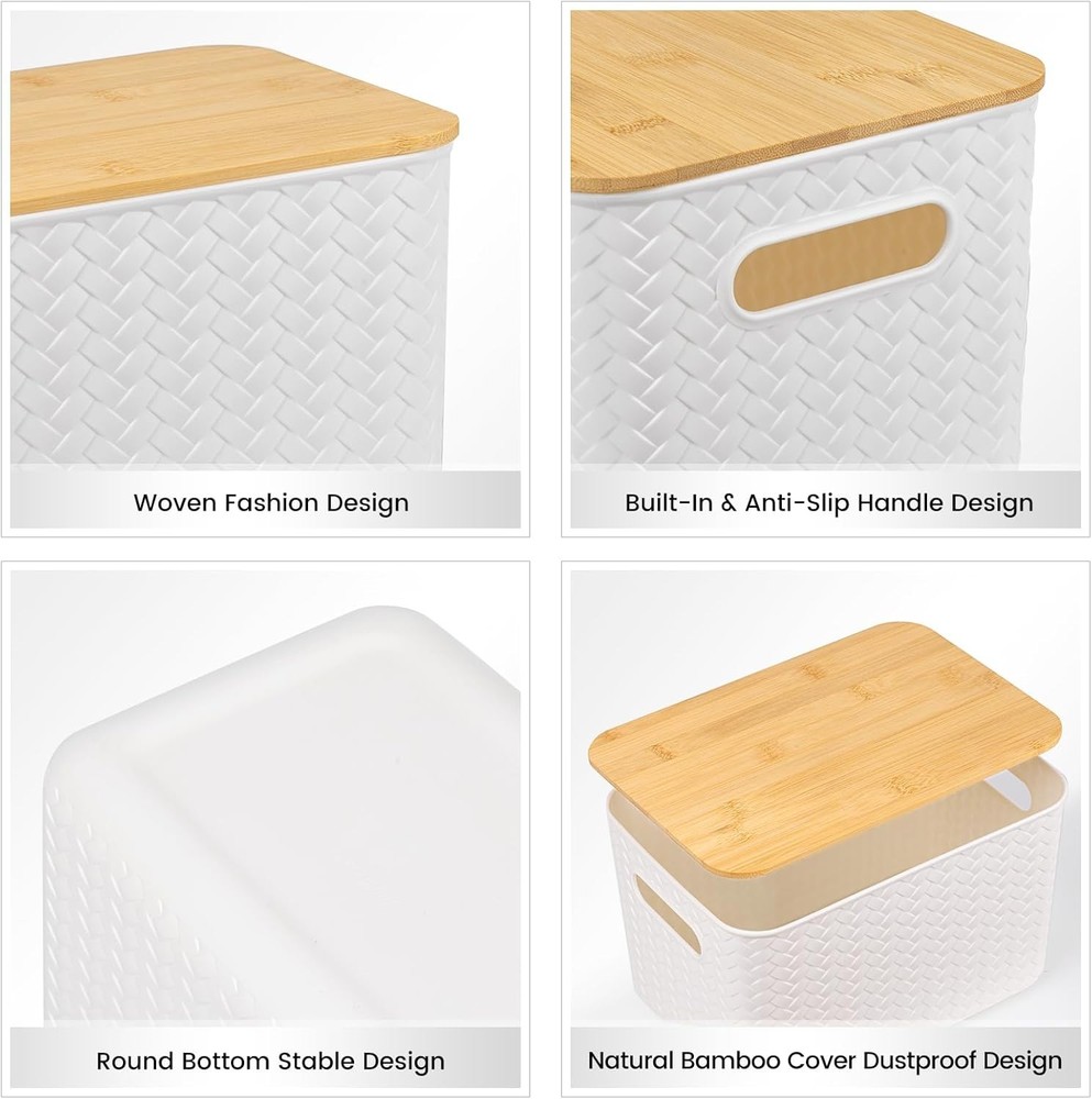 NEW.4-Piece Storage Box Set with Bamboo Lids- Stackable Storage Containers.White