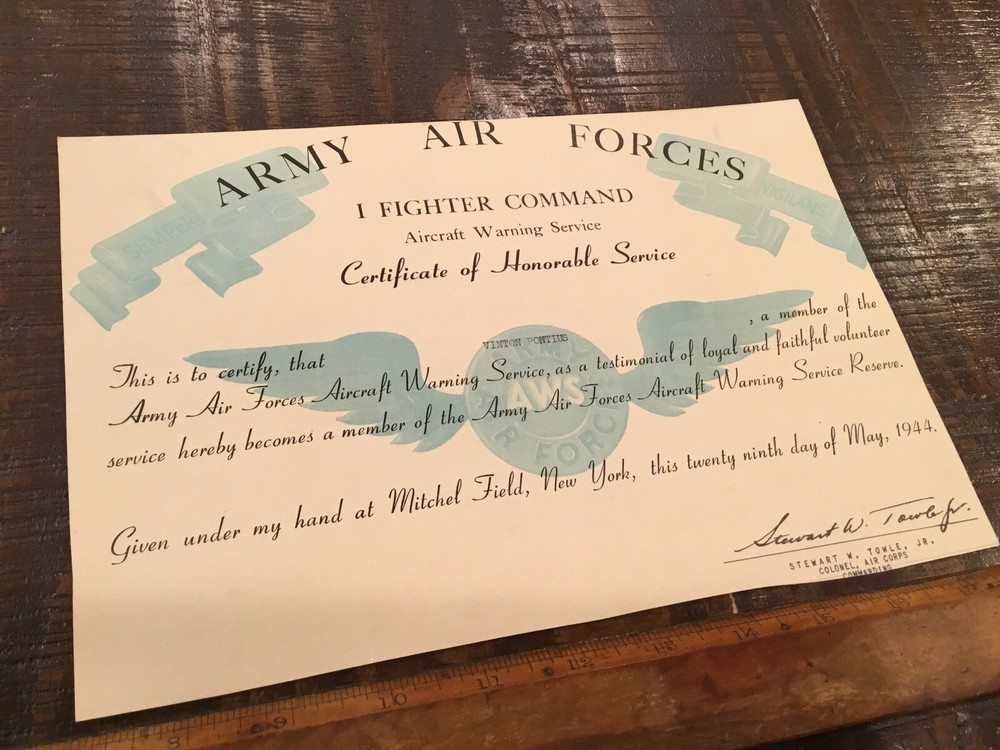 ORIGINAL WWII USAAF AWS AIRCRAFT WARNING CERTIFICATE 1944 MITCHELL FIELD NY