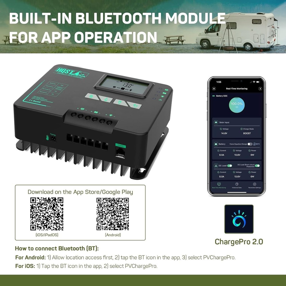 HQST MPPT Solar Charge Controller 20 Amp Negative Grounded Controller, Bluetooth