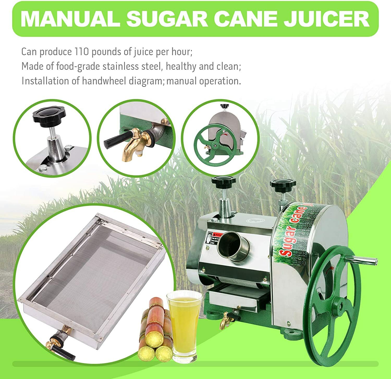 Commercial Sugar Cane Juicer S/S Sugarcane Press Extractor Machine 110Lb/h