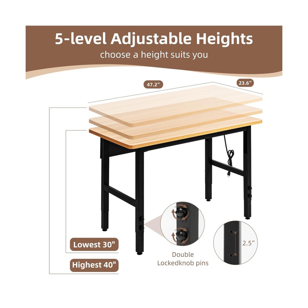 48" Adjustable Workbench with Power Outlets, Work Table for Garage, 2000 LBS ...