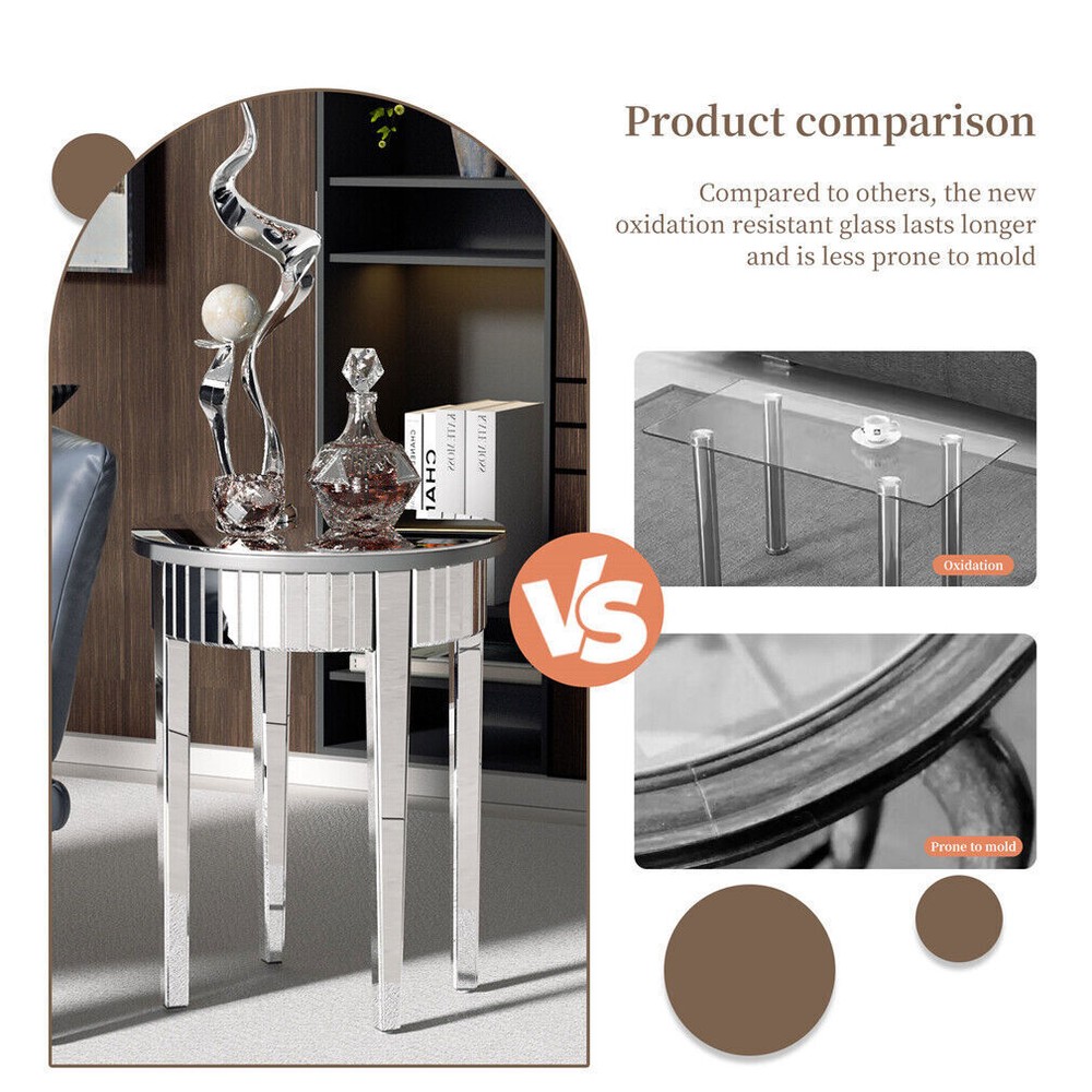 Round Venetian Mirrored Side Table Sofa Bedside Coffee Table Storage Wood Frame