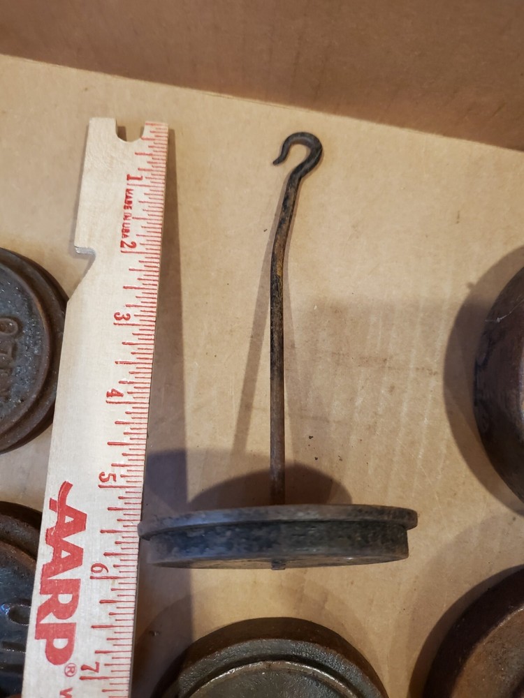 5 Vintage Rustic Cast Iron Platform Scale Weights & Hanger