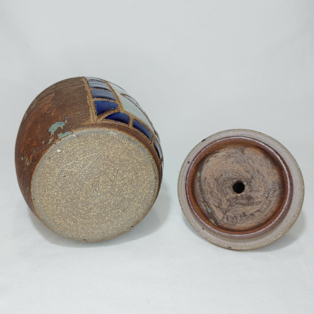 Art Pottery Lidded Jar Decor Piece Partially Glazed Fish Signed