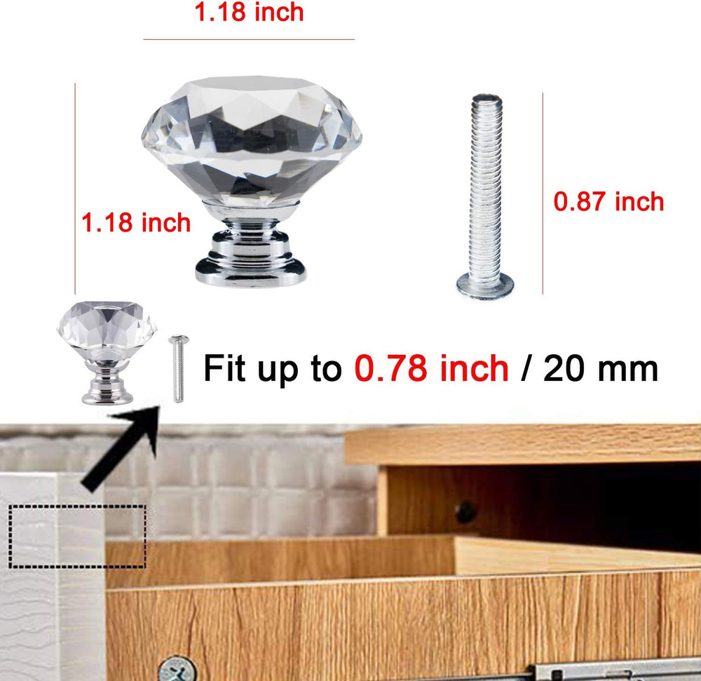 12 Pack Drawer Knobs Diamond Shaped Crystal Glass 30mm Cabinet Knobs Pull Handle
