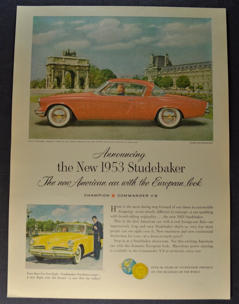 1953 Studebaker Starliner Coupe Single Page Ad Sheet Excellent Original 53