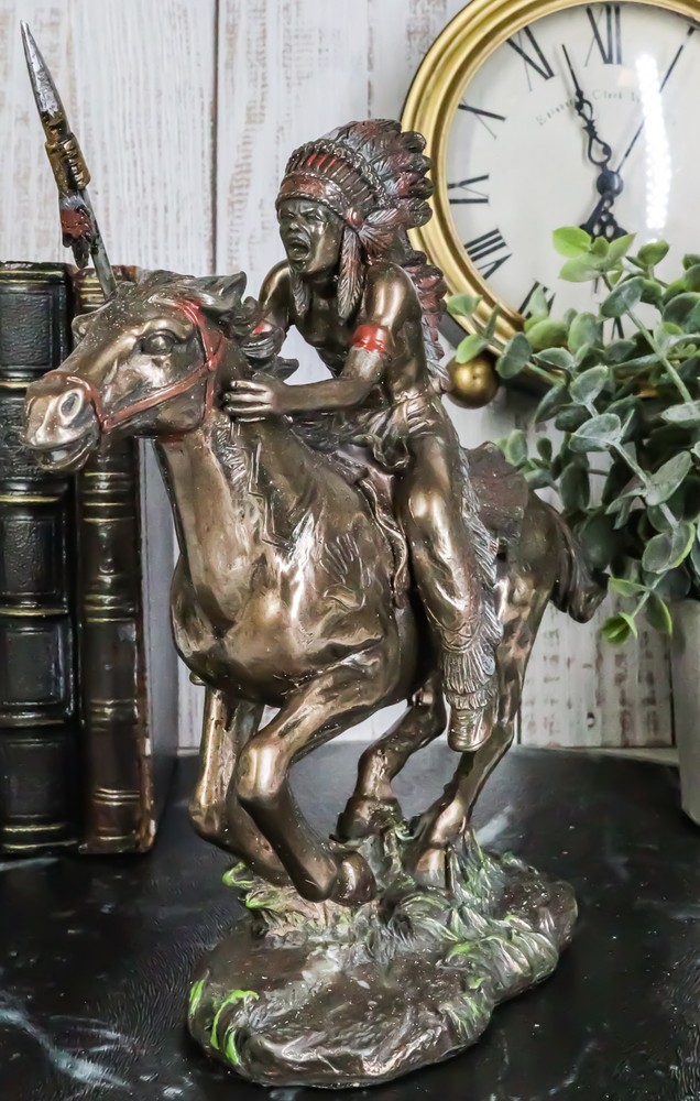 Native Indian Chief Spear Warrior With Eagle War Bonnet Roach On Horse Statue