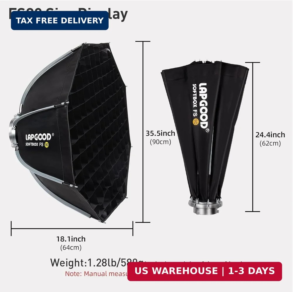 FS90 Softbox 90cm/35.5in Softboxes, Quick Release Foldable Softbox with Honeycom