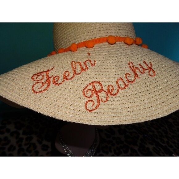 Vintage Feelin' Beachy Ivory Woven Sun Hat with orange pom pom fringe pinup