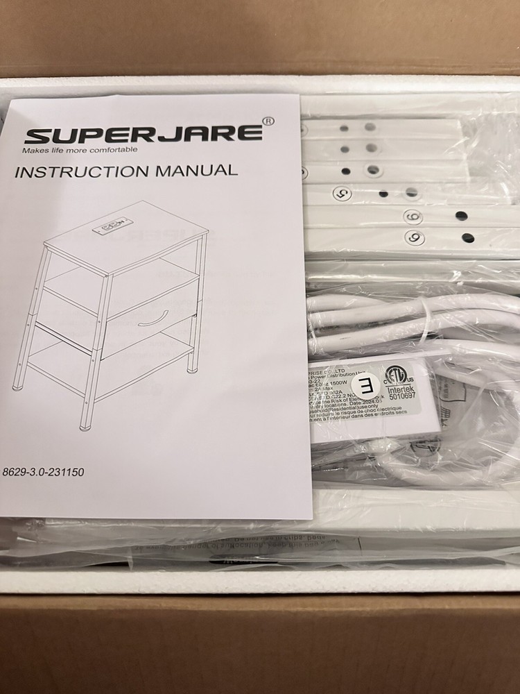 SUPERJARE Nightstand with Charging Station, Bed Side Table with Adjustable