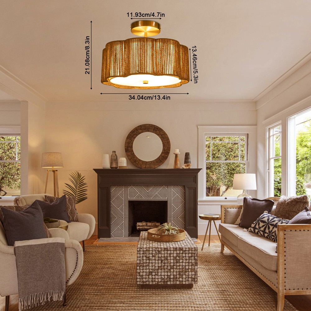 Rustic Ceiling Mount Rattan Light Ceiling Lamp Flush Mount Chandelier Fixture