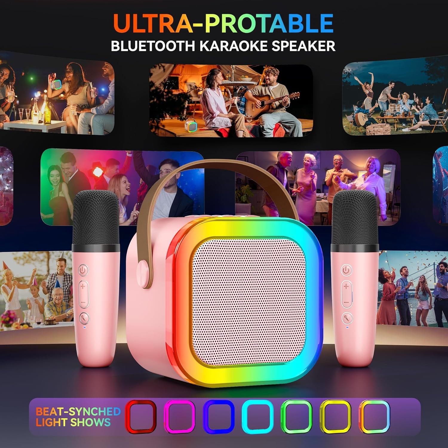 Mini Karaoke Machine for Kids, Portable Bluetooth Speaker with 2 Microphones