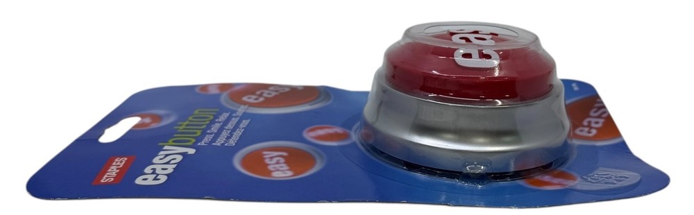 STAPLES EASY TALKING BUTTON RED/SILVER "THAT WAS EASY" NEW IN PACKAGE