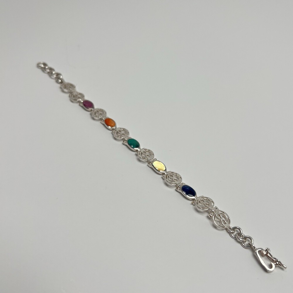 Peruvian 925 Sterling Silver Multi Gemstone Link Bracelet
