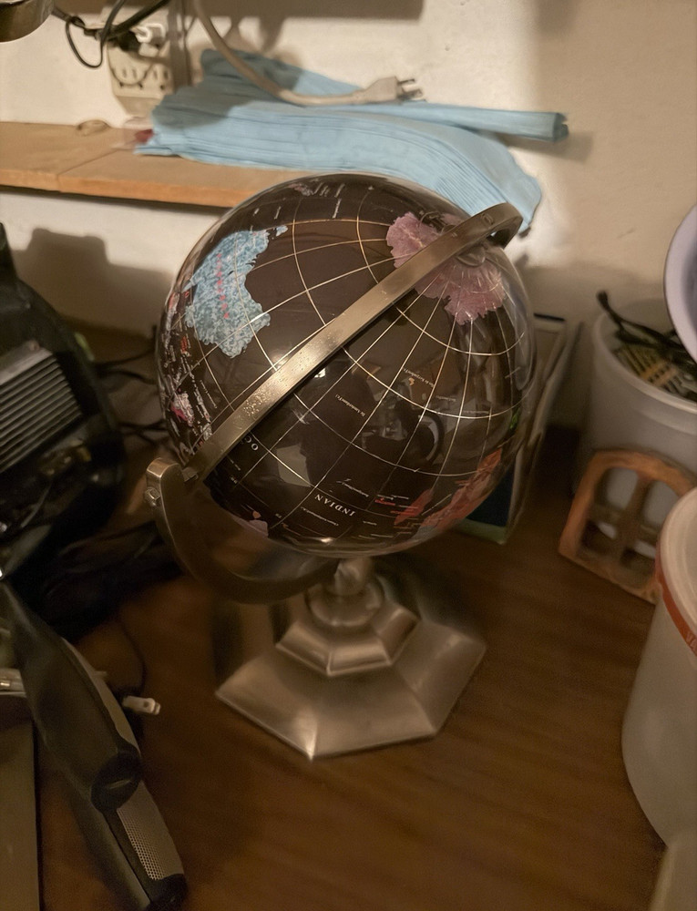 Decorative Tabletop Globe, Metallic Base, Rotating, Black Pink Blue Map