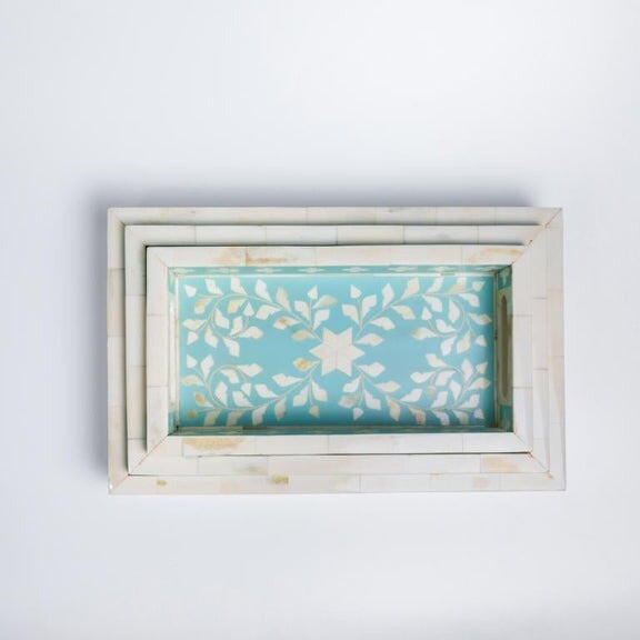Bone Inlay Tray- Handmade Baby Blue Scroll Vine