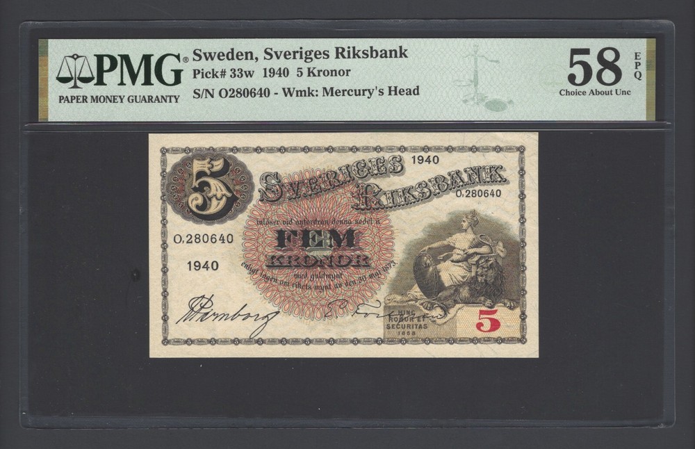Sweden 5 Kronor 1940 P33w About Uncirculated