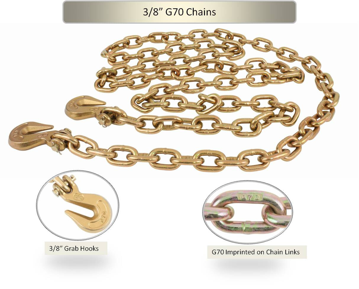 (4 Pack) 3/8" X 12' G70 Chain with Grab Hooks, WLL 6,600 lbs