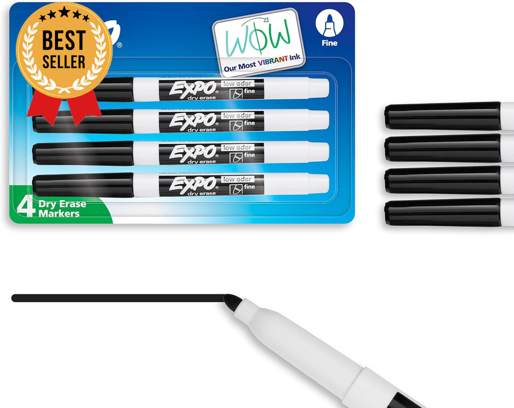 Dry Erase Markers 4 Count Black Fine Tip Low Odor Ink for Whiteboards