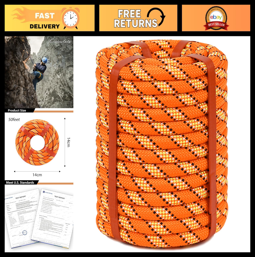 "50ft Double Braid Arborist Rope - 1/2in Polyester Rigging & Climbing Rope, Oran