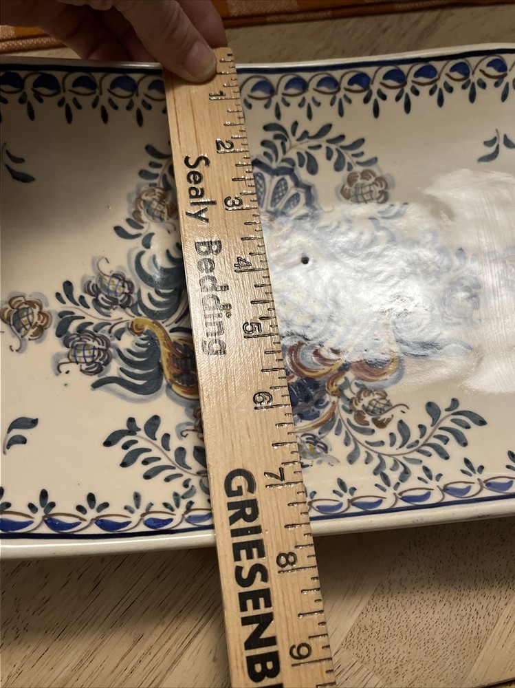 Portuguese Ceramic Rectangle Serving Dish Handmade Blue Brown Green Small Chips