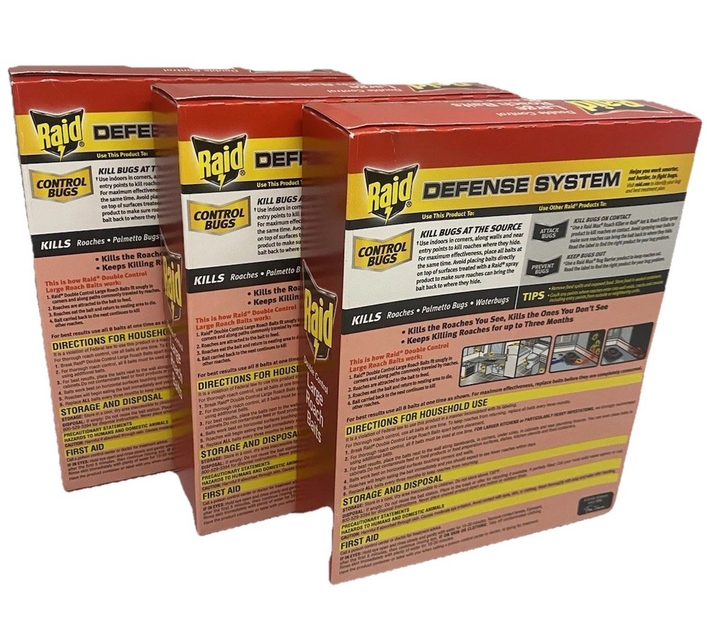 3 BOXES Raid 12 Dbl Control Small Roach Baits + 3 Egg Stoppers 3 Mo Protection
