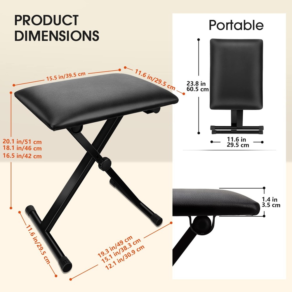 Piano Bench, Keyboard Bench X-Style Padded Adjustable Portable Stool Collapsi...