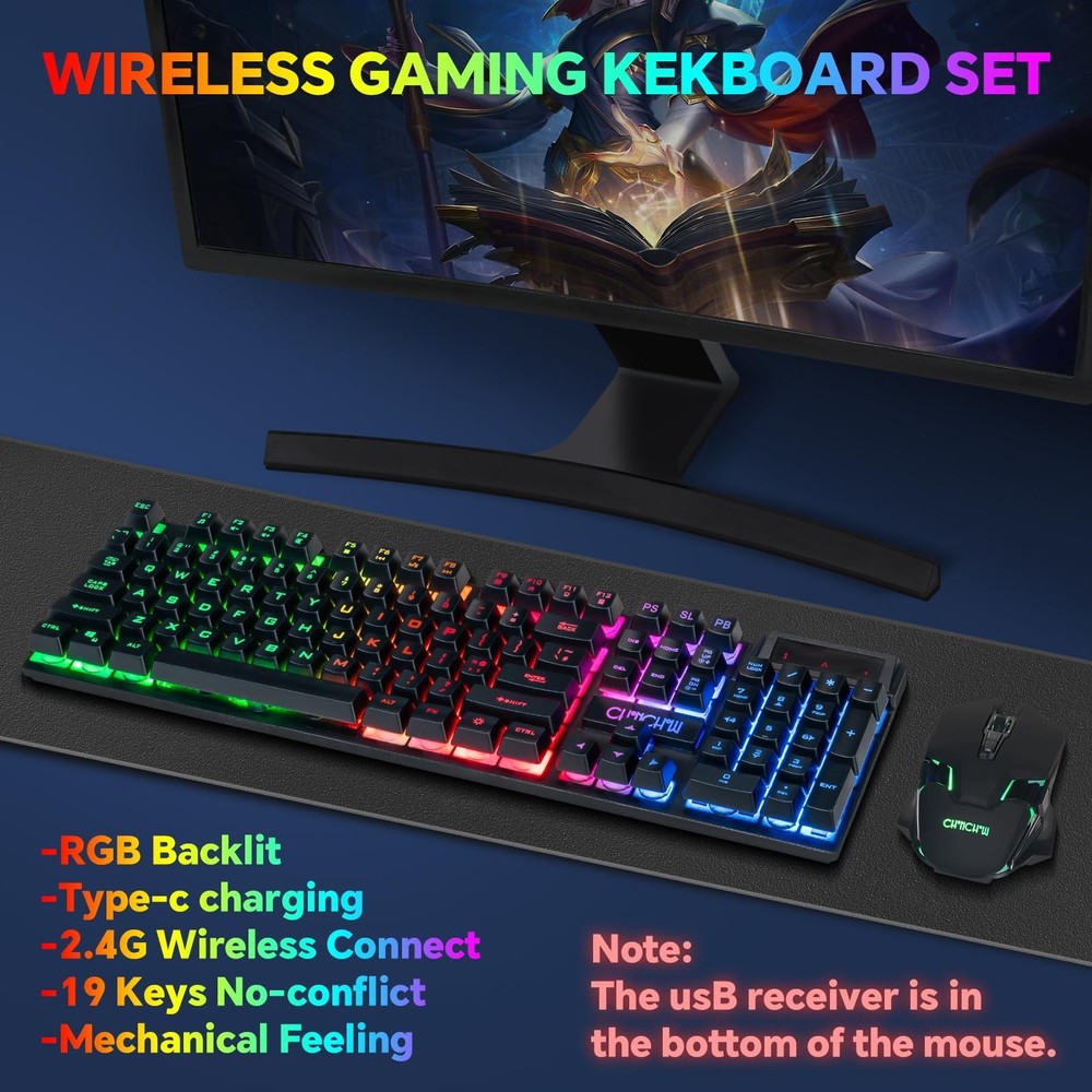 CHONCHOW USB Wireless Gaming Keyboard and Mouse Combo, LED Backlit Ergonomic ...