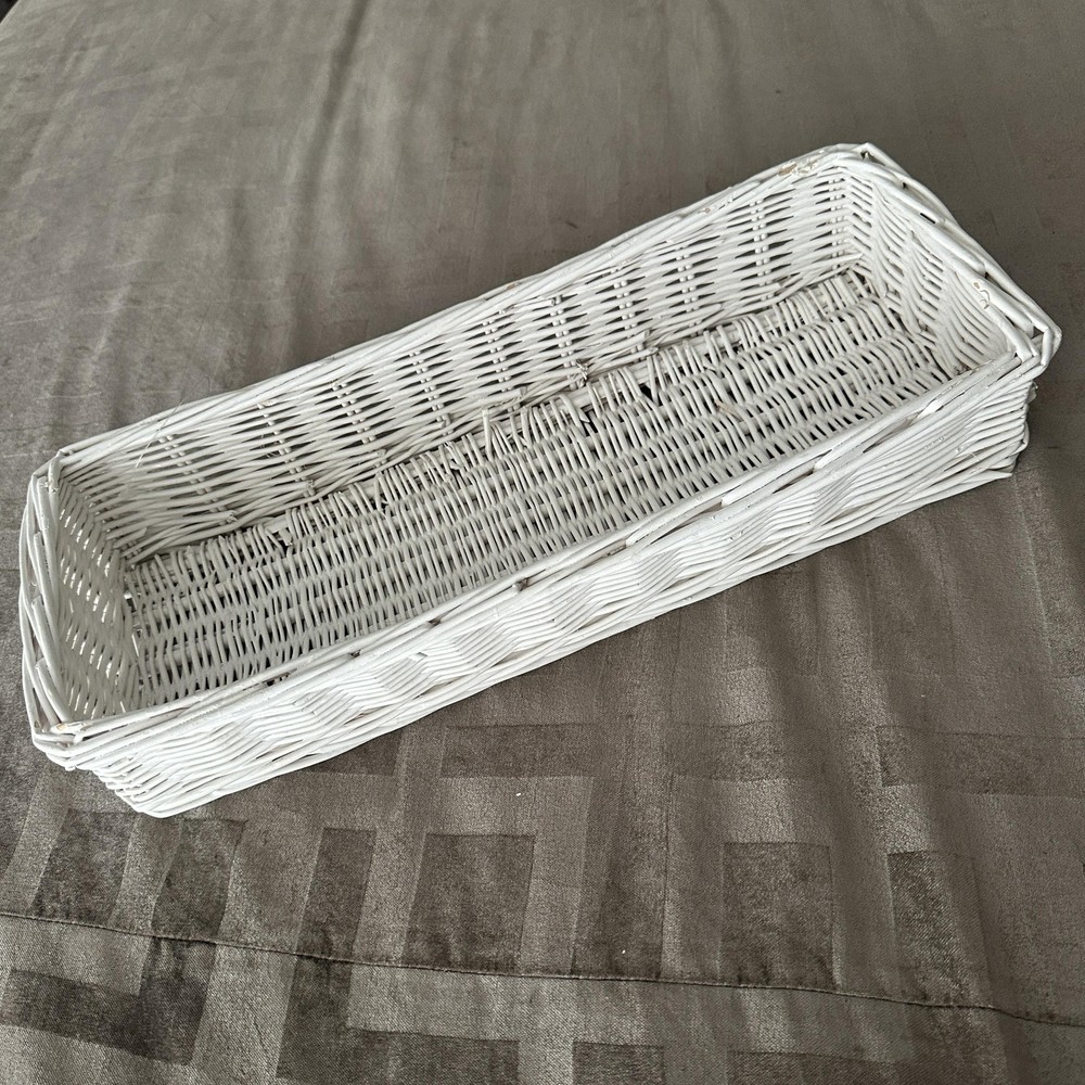 White Wicker Rectangular Basket 17 Inch Farmhouse Table Centerpiece Organizer