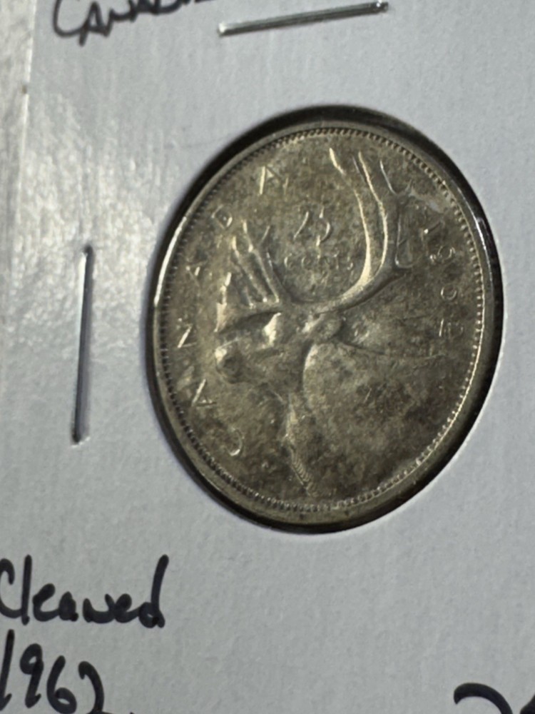 1962 Canada 25 Cents Silver Coin Cleaned