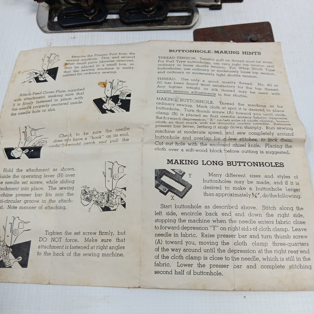 FAMOUS BUTTONHOLE WORKER ORIGINAL BOX With Instructions & Chisel Handle